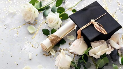 graduate diploma, hat and bouquet of roses on the table with space for text
