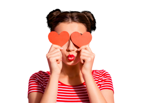 Close-up portrait of her she nice charming attractive winsome lovely cheery girl wearing striped t-shirt closing covering one eyes with small little hearts isolated over pink pastel background