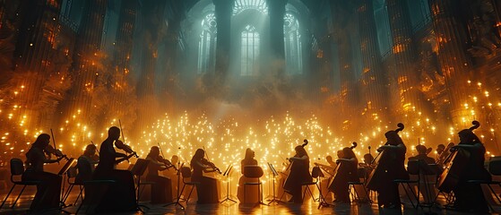 Silhouette of the orchestra in a large music hall with lights showing grandeur.