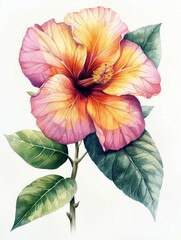 A detailed botanical illustration of a hibiscus flower, showcasing vibrant pink and yellow hues with lush green leaves.