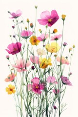 A graceful bouquet of cosmos flowers in watercolor, showcasing soft pink and vivid yellow tones with a touch of greenery.