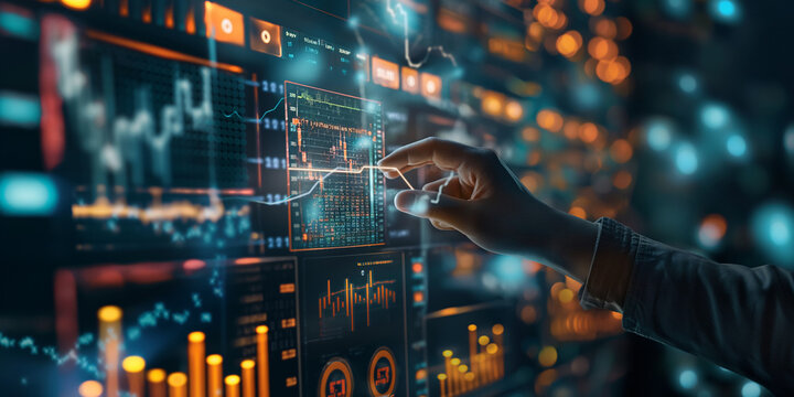 business investor using artificial intelligence on virtual screen for financial research - future banking finance concept