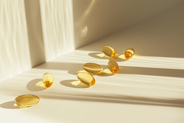 Yellow vitamin capsules filled with fish oil, omega 3 fatty acids - obrazy, fototapety, plakaty