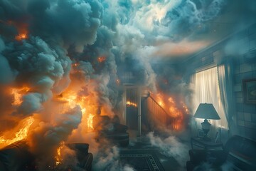 Dramatic and Intense Scenes of a Raging Home Fire Outbreak Engulfing a Residential Interior with Vibrant Flames and Billowing Smoke