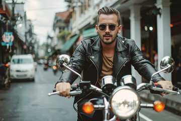 Motorcycle, travel and journey with man in city for freedom, driving and vintage. - obrazy, fototapety, plakaty