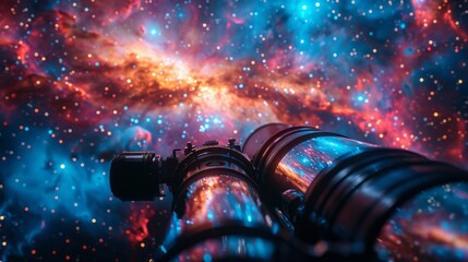 A telescope pointed towards a distant galaxy, with colorful nebulae and stars - obrazy, fototapety, plakaty