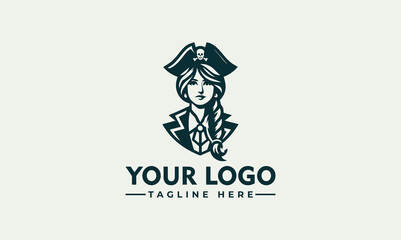 Female pirate woman crossed badge vintage logo line art concept black and white color hand drawn vector illustration logo