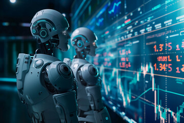 Fototapeta premium Futuristic technology concept. Team of artificial intelligence finance robots in financial stock market that is digitalized with graphics into digital twin of finance Industry