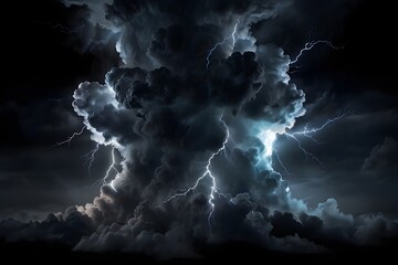 Black storm clouds with lightnings and smoke isolated on black background.