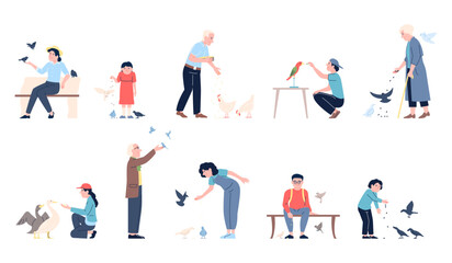 People feeding birds. Feed wild and domestic bird. Children, adults and old person with food for pigeons, gooses, chicken and parrot. Flat recent vector set