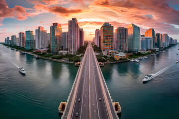 Vibrant Sunset Over Miami's Skyline and Marina: A Breathtaking Cityscape