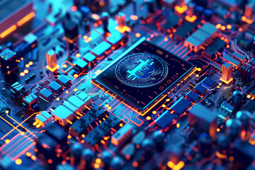 Fototapeta premium Ornate Bitcoin Emblem Embedded on a High-Tech Processor Chip