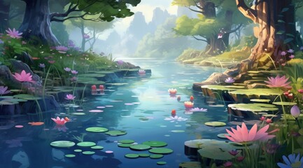 Tranquil Lakeside with Summer Blossoms