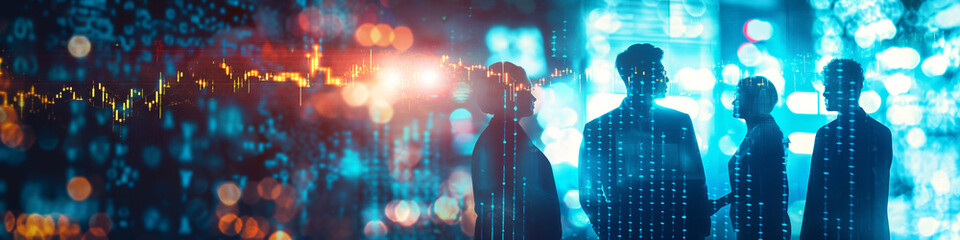 Futuristic technology concept. Team of artificial intelligence software engineers and finance workers in financial stock market that is digitalized with graphics into digital twin of finance Industry