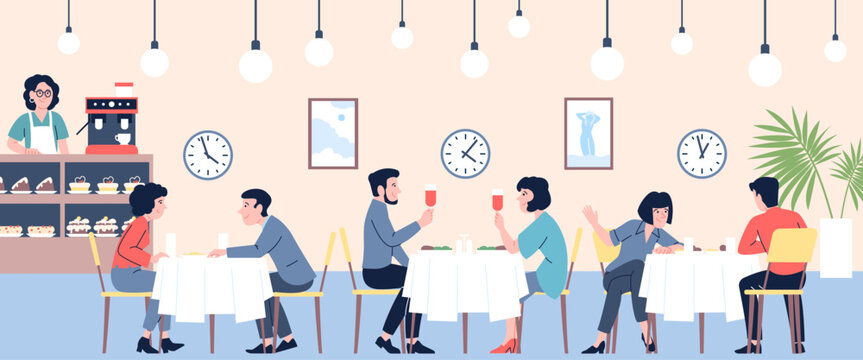 Speed dating. Single people in cafe or bar have first dates on time. Man and woman meeting in restaurant, friendship and relationship, recent vector scene
