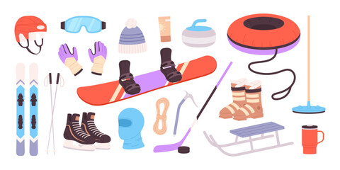 Winter sport equipment. Seasonal outdoor activities tools and clothes. Isolated ski, snowboard and hockey skates. Helmet and gloves, racy vector set