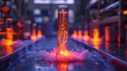 A test tube containing bubbling liquid, undergoing chemical reaction - obrazy, fototapety, plakaty
