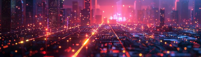 3d neon microchip city grid animation close spin