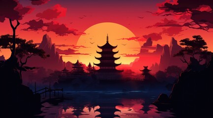 Serene Sunset Pagoda Landscape