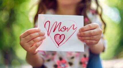 Little Girl Giving Card with Heart Drawing to Her Mother, Happy Mothers Day