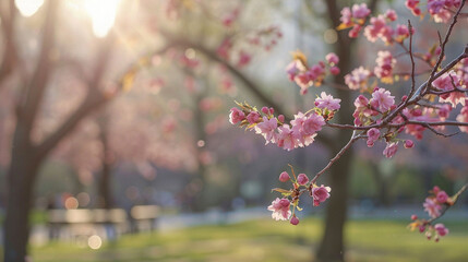 Obraz premium Cherry blossoms in city park, signaling spring's arrival, nature in urban landscape