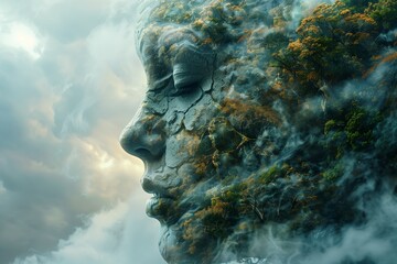 A beautiful woman's face made of stone and covered in plants and moss.