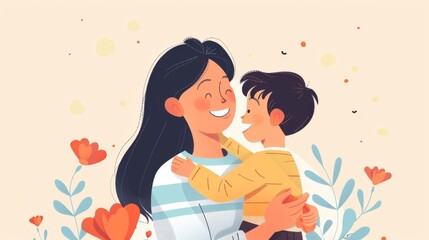 Mother Hugging Son, Warm Illustration with Flowers