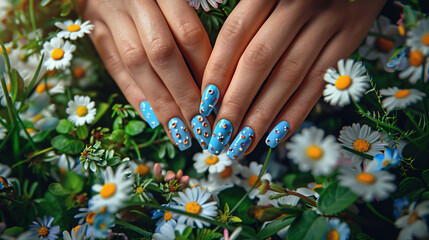 Close-up of female hands showcasing blue nail design, with spring flowers providing a fresh, seasonal backdrop