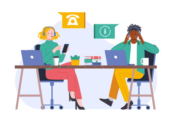 Call center operators. Multicultural office workers, man and woman with headset support customers in smartphone or computer, splendid vector scene