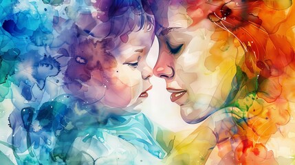 Mother with Baby Watercolor Clipart, Vibrant Murals Style, Happy Mothers Day