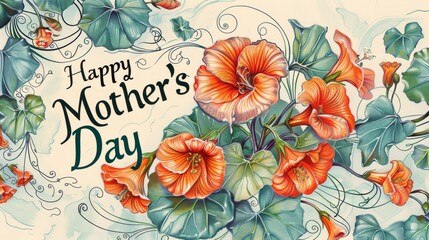 Mothers Day Card with Happy Mother's Day, Vines, Ornamental Frame, Colored Pencil Drawing