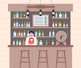 Bartender is waiting for customers behind bar. Evening or night bar with alcoholic drinks. Time to drink, bottles of beer and vodka, vector scene