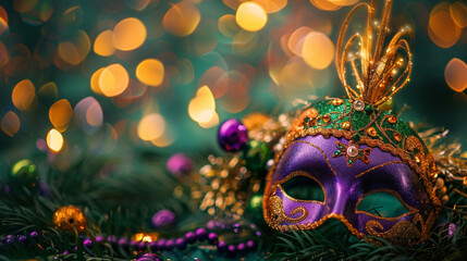 Colorful Mardi Gras carnival mask and beads