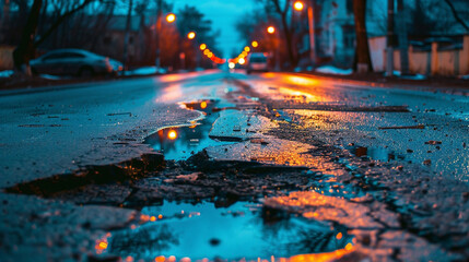 Damaged city road with evening potholes, urban infrastructure concept