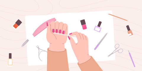 Homemade manicure. Girl filed nails with nail file, stylish pink nails design. Beauty salon at home, spa procedures, vector fashion scene