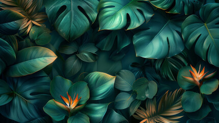 Tropical Elegant green leaves on a textured background