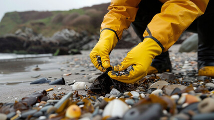 Eco-volunteer with yellow gloves picking microplastics from a beach