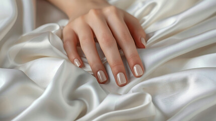 Elegant hands with a neutral manicure on a soft white silk fabric