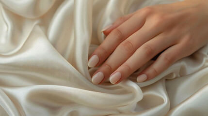 Elegant hands with a neutral manicure on a soft white silk fabric