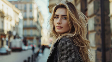 Fashionable woman modeling on a European city street, lifestyle photoshoot