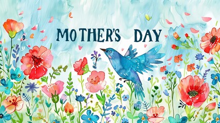 Illustration of mother day card with bird, flower in the background, Happy Mothers Day