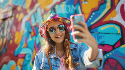 Joyful young woman striking a pose for a selfie, her outfit and style popping against a graffiti-covered wall