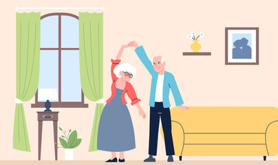 Old people dancing. Elderly couple have fun and dance at home. Active lifestyle of seniors, love and romantic. Spend time in family, recent vector scene