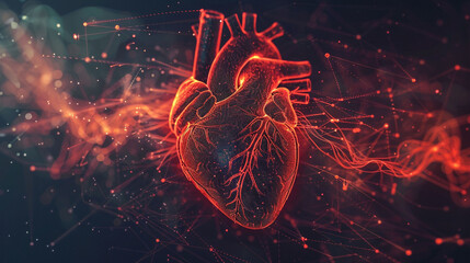 stylized red heart cardiogram weaving around a conceptual human heart, illustrating health and cardiology themes