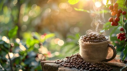 Coffee cup with smoke and coffee beans in a burlap sack on coffee tree background