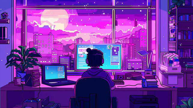 16-bit pixel art in purple and pink, a scene of a computer in a cozy room on a rainy day, with an ASMR concept.