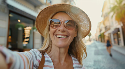 Joyful middle-aged woman enjoying a summer day in the city, taking a selfie