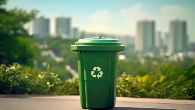 Recycling bin on green city background. Concept of Ecology and Environment conservation resource sustainable. 