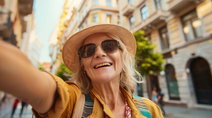 Joyful middle-aged woman enjoying a summer day in the city, taking a selfie