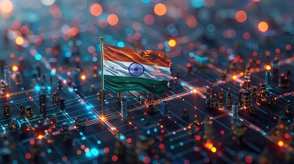 Futuristic Technology Concept: Abstract Digital Background with Blue Computer Networks, Coding, and Cybersecurity, Illustrating Advanced Sci-Fi Systems india independence day.